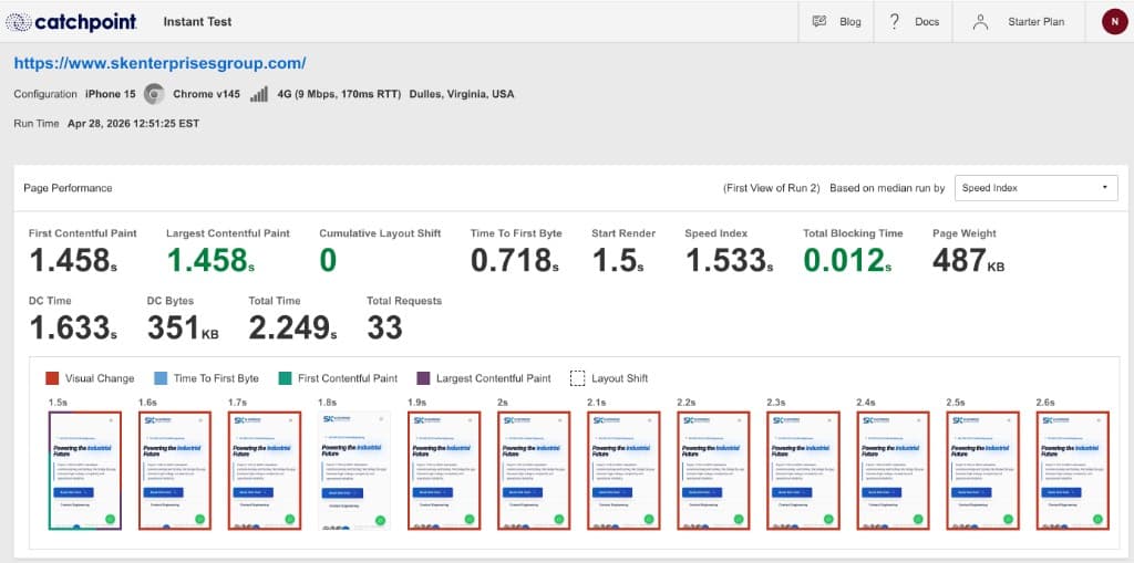 Next.js website load time results and lab metrics from Catchpoint WebPageTest-style report