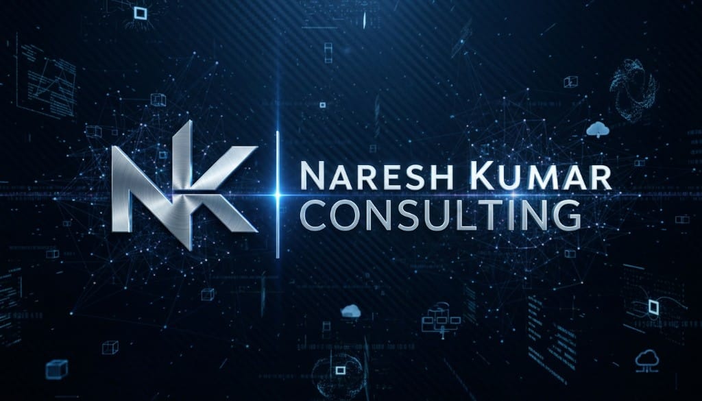 Naresh Kumar Consulting — NK monogram and wordmark on a deep blue technology-themed background.